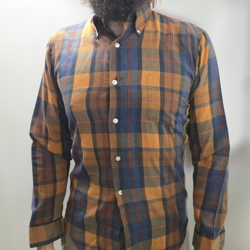 VTG 60s Mcgregor Plaid Button Up Shirt Men 15 L Orange Blu Scotset Dacron Cotton